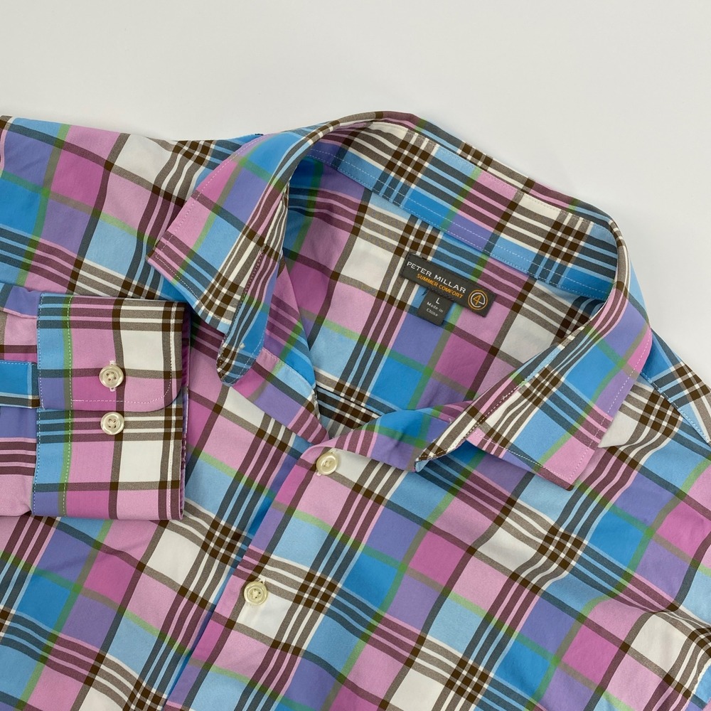 Peter Millar Summer Comfort Mens Large Purple Blue Plaid Stretch Shirt Golf